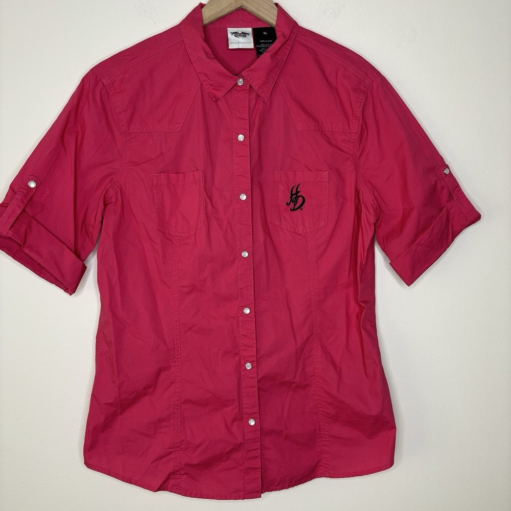 Harley‎ Davidson Women's Snap Down Shirt Pink Bling Logo XL Tab Sleeve Embroider
